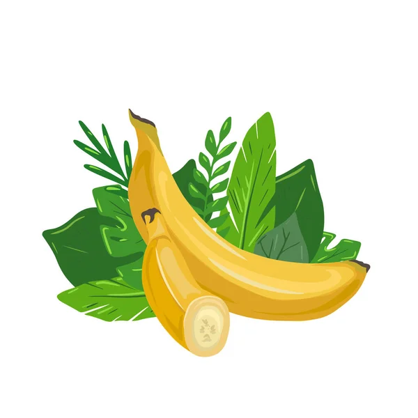 Desenhos Animados Duas Várias Bananas Com Folhas Tropicais Fundo Branco — Vetor de Stock