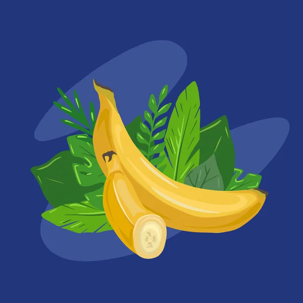 Dessin Animé Deux Bananes Diverses Avec Des Feuilles Tropicales Fond — Image vectorielle