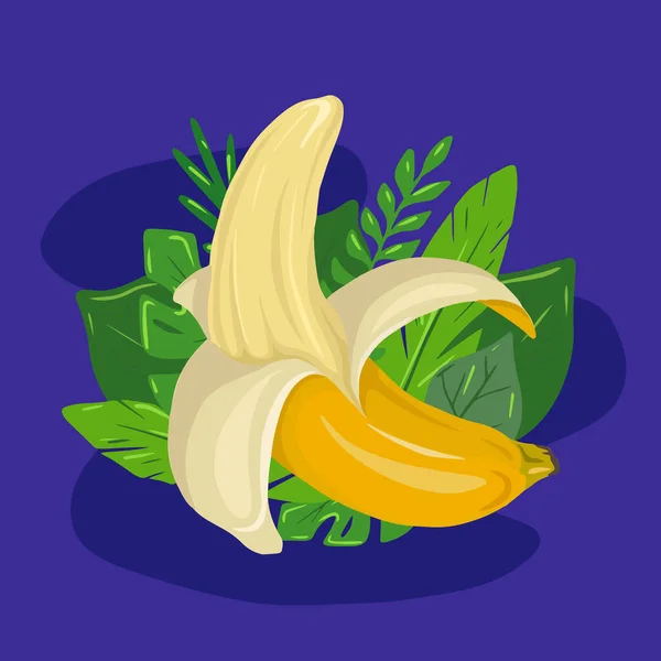 Caricature Banane Ouverte Avec Des Feuilles Tropicales Fond Bleu Délicieux — Image vectorielle