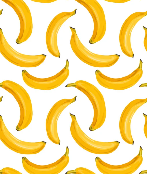 白い背景にジューシーなバナナと漫画のシームレスなパターン 熱帯果実 ファブリック あなたの創造性のためのベクトルパターン — ストックベクタ