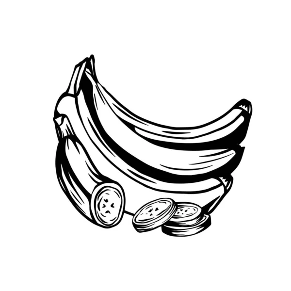 Obrys Inkoust Náčrt Parta Šťavnatých Tropických Banánů Banánovým Plátek Bílém — Stockový vektor