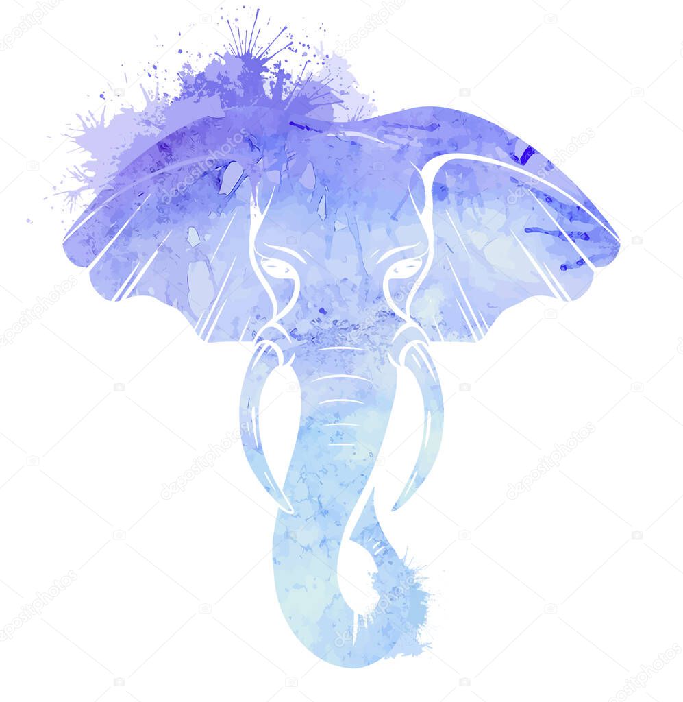 Blue watercolor silhouette of elephant head with trunk, tusks and splash. Wild mammal. Vector drawing for card, logos, icons and your creativity.