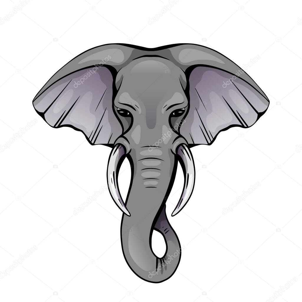 Colorful elephant head with trunk and tusks. Wild powerful mammal. Vector color silhouette for card, logo, icon and your creativity.