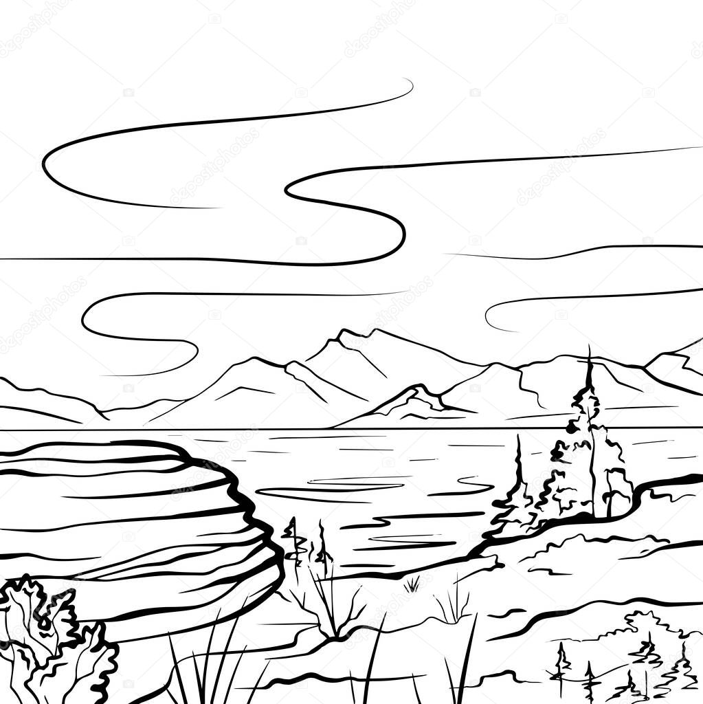 Nature sketch of a lake, mountains, stone and firs. Tranquil peaceful wild landscape. Vector ink scribble element for labels, cards and your creativity
