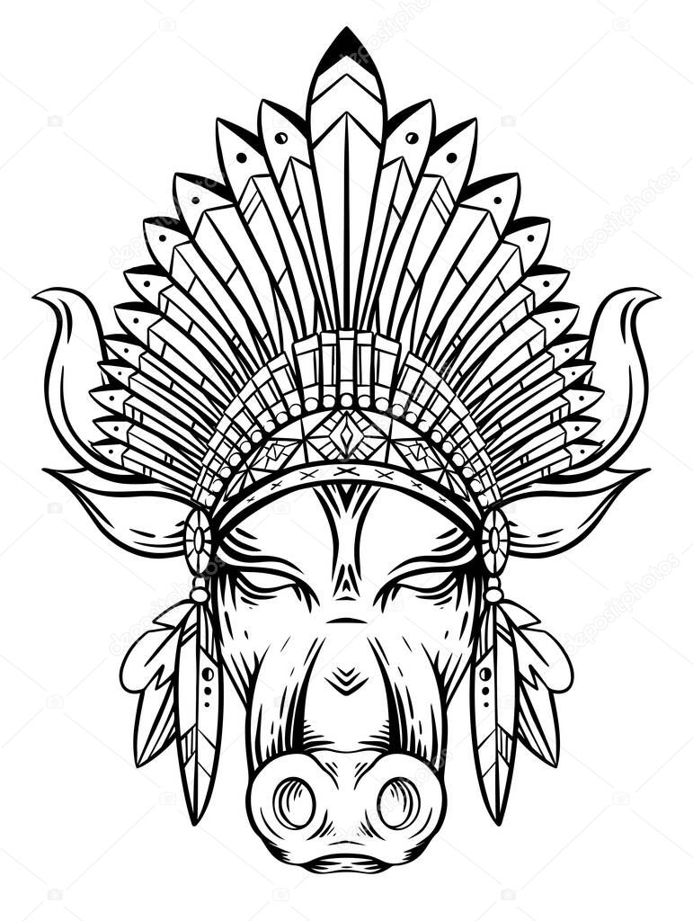 Outline engraving illustration of a bull head with indian roach. The symbol of the new year 2021. Contour buffalo with hat with feather. Vector illustration of animal head for tattoo and your designs.