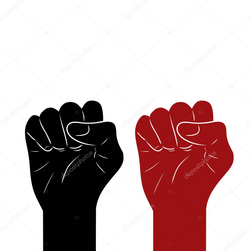 Set of black and red silhouette of a fist on white background. Demonstrations, manifestos and parades. Freedom for people. Vector object for posters, banners, cards and your design