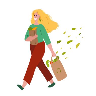 Elinde alışveriş ve yeşilliklerle yürüyen mutlu bir kadın. Yiyecek ve sebze alıyorum. Vejetaryenlik ve sıfır israf yaşam tarzı. Kartpostallar, pankartlar ve yaratıcılığınız için düz vektör çizimi.