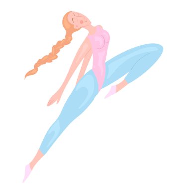 Eşofmanlı mutlu kadın. Dans figürü. Spor yaşam tarzı ve kendini sevme. Pankartlar, kartpostallar ve yaratıcılığınız için vektör karikatür çizimi