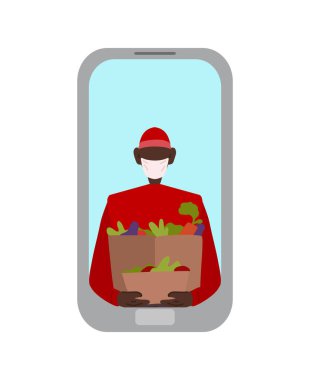 Çevrimiçi yemek siparişi. Karantinaya yiyecek teslimatı. İnternetten alışveriş için mobil uygulama. Cep telefonunda yemek olan maskeli bir Afrikalı teslimatçı. Sancaklar ve tasarımınız için vektör düz illüstrasyon