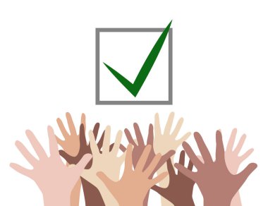 Listede çeşitli milletlerin kollarını uzatmış. Demokratik oylama. Halkın seçimi. Herkese oy verin. Kartlar, şablonlar, pankartlar ve yaratıcılığınız için vektör ögesi.