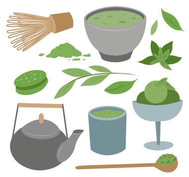 Japon pudralı yeşil çay seti. Dondurma ve kurabiye için gıda katkı maddesi. Yeşil yapraklar, çeşitli fincanlar, çırpma ve kaşık. Menüler, tarifler, pankartlar ve yaratıcılığınız için vektör düzlüğü.
