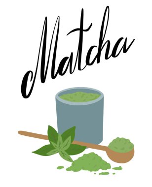 Japon yeşil çayı. El yazısı harfler, bir fincan çay, toz ve yeşil yapraklı. Çayın isminin kaligrafik yazılışı. Menü, etiket, pankart ve tasarımınız için vektör ögesi