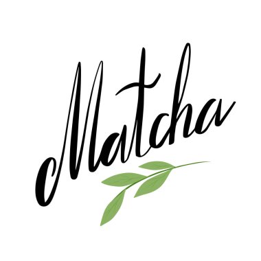 Japon yeşil çayı. El yazısıyla yazılmış harfler ve yeşil yapraklı dallar. Çayın isminin kaligrafik yazılışı. Menü, etiket, pankart ve tasarımınız için vektör ögesi