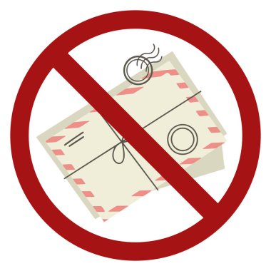 Yasak işaretli kağıt zarflar. Mektup göndermeyi yasakla. Spam 'i durdurun. Zarflarda yazışma tehlikesi. Etiketler, pankartlar ve tasarımınız için vektör düz el çizim rozeti