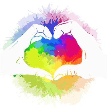 Gökkuşağı suluboya üzerinde bir çift insan eli. Sevgililer Günü için aynı seks çiftinin tebrik kartı aşkı. Duygularda gurur ve özgürlük. Lgbt çiftleri. Kartlar ve pankartlar için vektör resmi