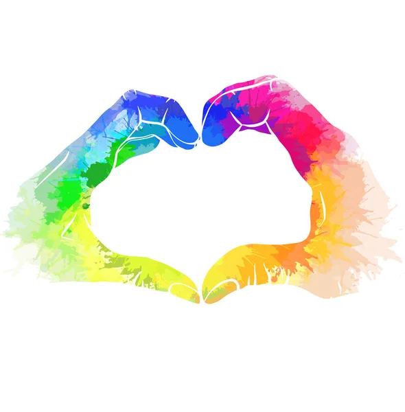 虹色の水彩スプラッシュで人間の手のシルエットのペア バレンタインデーのための同じセックスペアのグリーティングカードの愛 誇りと感情の自由 ライトカップルだ カード バナーのベクトル画像 — ストックベクタ