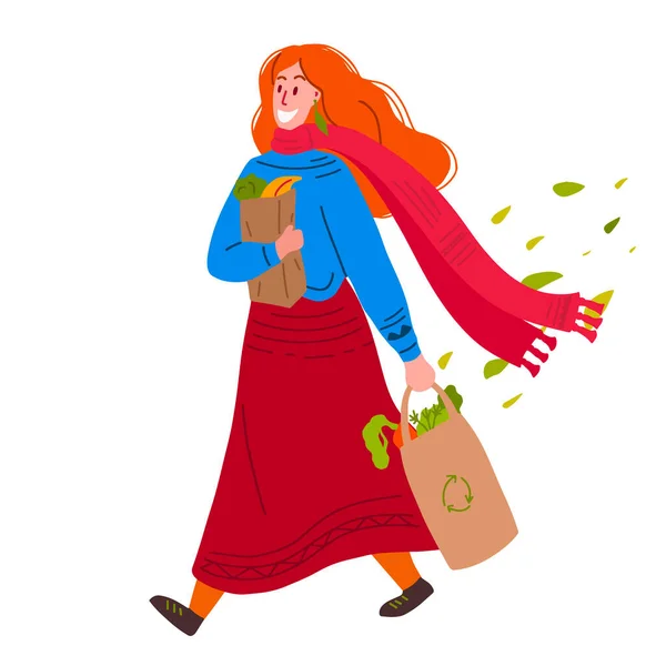 Ходить Счастливая Женщина Hygge Покупками Руках Листья Покупаю Еду Овощи Лицензионные Стоковые Векторы