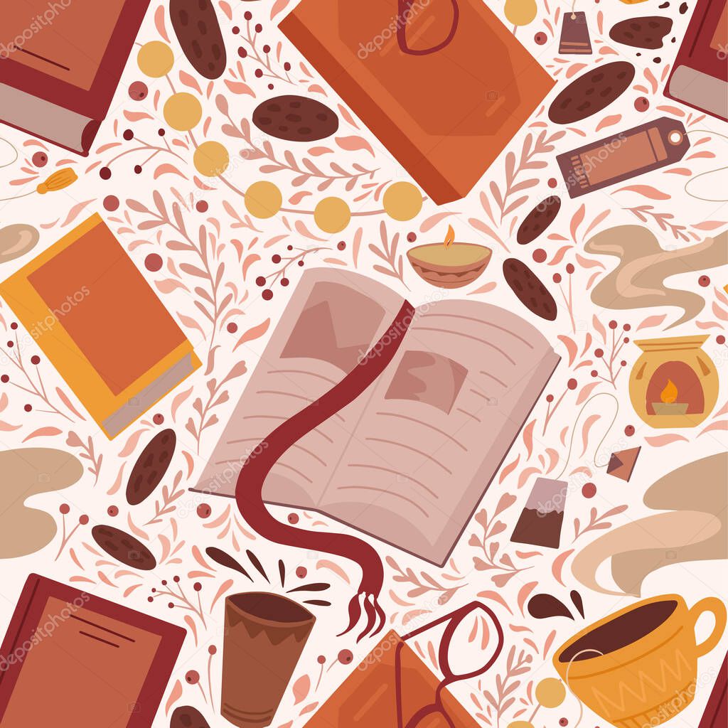 Seamless pattern of flat illustration of book, cup of tea, cookie and bookmark on leaves background. Cozy evening reading with candle and garland. Vector cartoon texture for wallpaper, fabric