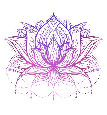 Şablonları ve boncukları olan Boho Lotus. Kabile süsü ve renk gradyanı olan narin neon su çiçeği. Spa ve yoga için doğal kutsal sembol. Logo, bayrak ve yaratıcılığın için zambak vektör konturu