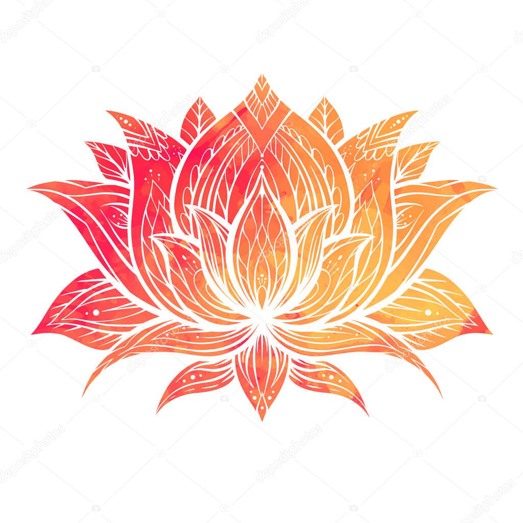 Boho orange watercolor lotus with patterns. Delicate water flower with tribal ornament. Natural sacred symbol for spa and yoga. Vector contour lily for logo, banner and your creativity