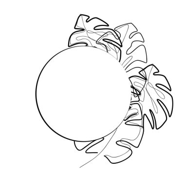 Yuvarlak çerçeve. Monoline Monstera yaprakları. Tropikal yapraklı doğal şablon. Moda monokrom vektör kartpostal, kart ve afiş