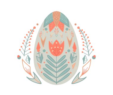 Bayramlık Paskalya yumurtası, dallardan ve yapraklardan oluşan bir çelenk. Doğal düz kabile resimli bir kartpostal. Geometrik etno desen.