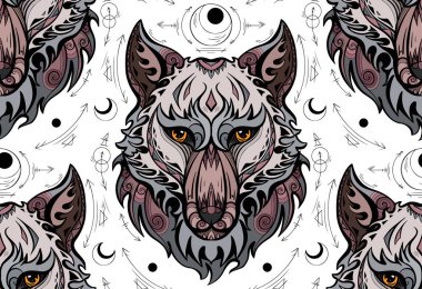 Renkli kurt kafalı ve kutsal sembollü kusursuz desen. Önünde boho desenli yırtıcı portresi. Kumaş ve duvar kağıtları için kabile çok renkli dokusu.