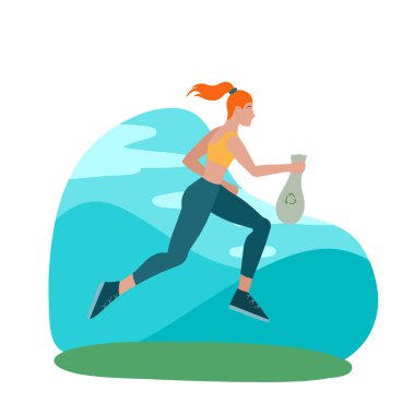 Ağaç kesiyorum. Parkta çöp torbasıyla koşan kız. Şehrin temizliğine önem veren bir atlet. Vektör düz resimleme