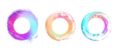 Kopyalama alanı gradyan neon folyo arka planına sahip yuvarlak grunge şablonu seti. Pankartlar, çıkartmalar için çizikler olan vektör yuvarlak rozetler.