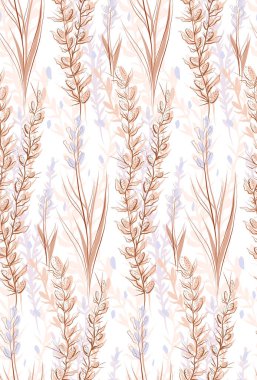 Otlar ve bozkır çiçekleriyle kusursuz desen. Çimen tarlalarının çizimi ile doğal arka plan. Kumaşlar için hassas vektör dokusu. Dış hatları ve siluet dalları olan duvar kağıdı