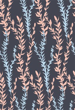 Dikenli ve yapraklı narin otlar ve dallar. Kusursuz dikey doğal desen. Esmer arka planda pastel renklerde çimen deseni. Nazik flora duvar kağıdı