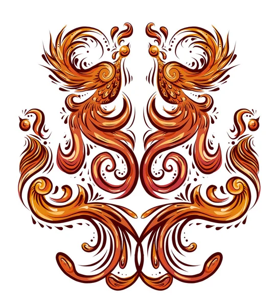 Colorful Bird Pattern Curled Tails Wings Symmetrical Decoration Orange Color — Stock Vector