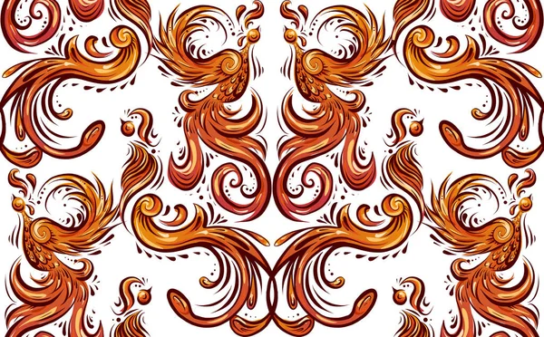 Vintage Feniks Bezszwowy Wzór Loki Pióra Tapeta Pomarańczowych Ptaków Ogonami — Wektor stockowy