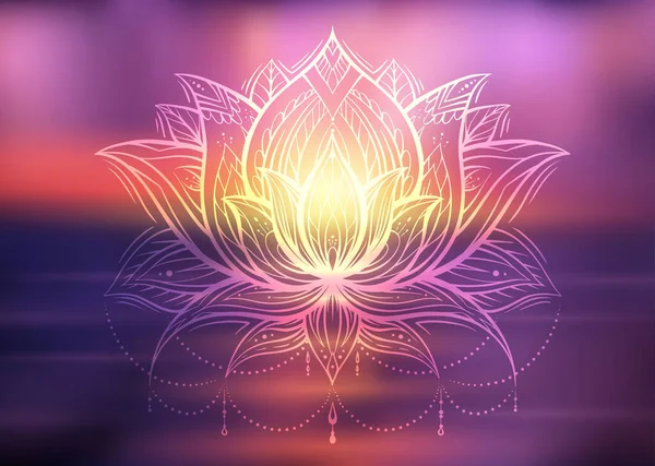 Nilüfer çiçeğinin ruhani sembolü. Bulanık okyanus ve günbatımı arka planında kabile dekorasyonu. Sakin ve meditasyon. Gündoğumu denizinde boho süsüyle nilüfer çiçeği.