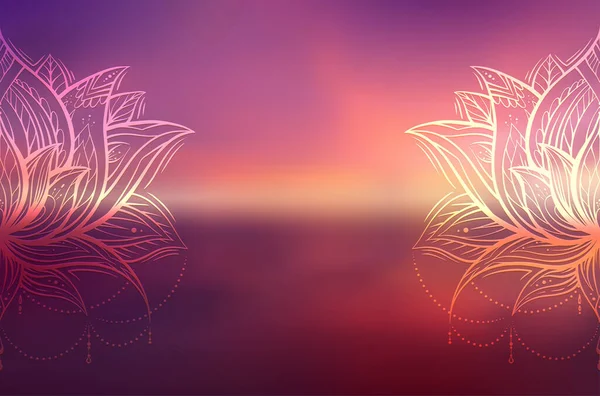 Horizontal Invitation Spiritual Symbol Lotus Tribal Decoration Blurred Ocean Sunset — Διανυσματικό Αρχείο