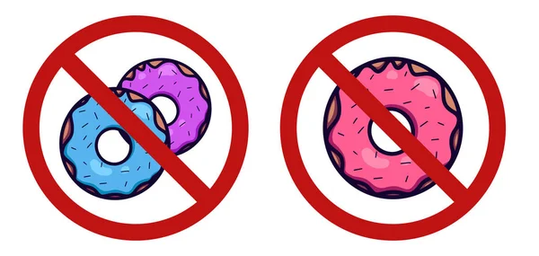 정크푸드에 건강에 해롭다 표지판에 종류의 도넛들이 있습니다 카툰은 표지판으로 합니다 — 스톡 벡터