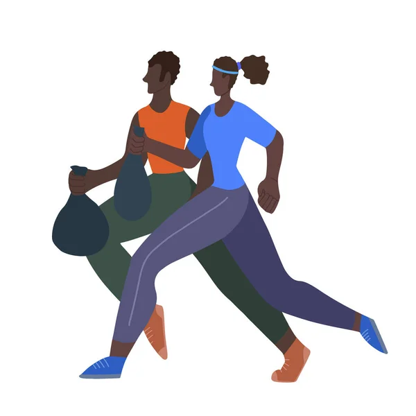 接続中 環境運動 健康的なライフスタイル アフリカ系アメリカ人の夫婦がゴミ袋を持ってジョギングしている 身体活動と環境への配慮 街の清潔を保つ — ストックベクタ