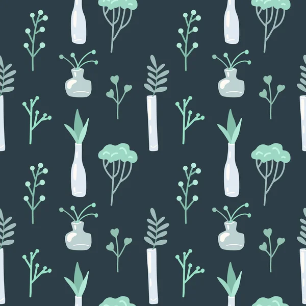 Delicate Spring Pattern Herbs Plants Glass Vases Dark Background Wallpaper — Διανυσματικό Αρχείο