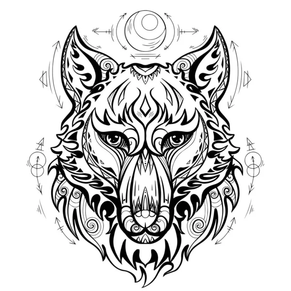 Vista Frontal Cabeza Del Lobo Con Decoraciones Étnicas Símbolos Espirituales — Vector de stock