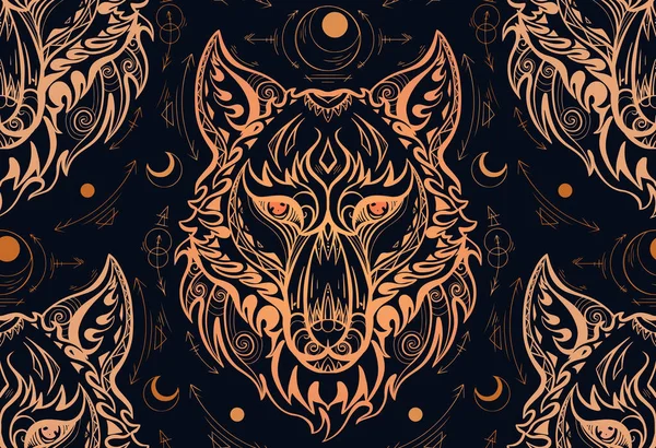 Seamless pattern with contour gold wolf head and sacred symbols on dark background. Predator portrait in front with boho pattern. Tribal luxury texture for fabrics and wallpapers.