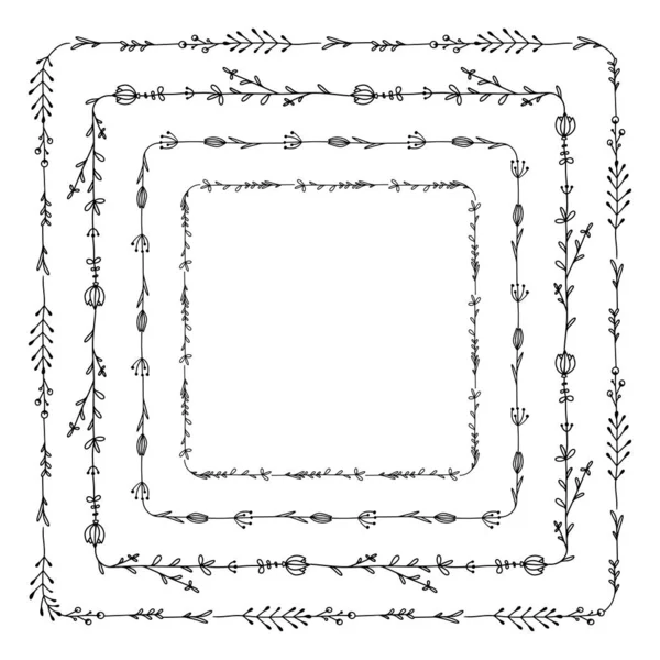 Set Square Frames Doodle Flowers Branches Leaves Black White Scribble — Διανυσματικό Αρχείο