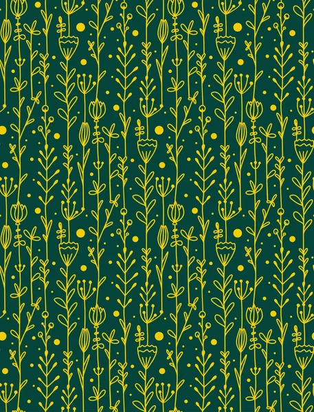 无缝隙图案 花环和枝条 花瓣和叶子的自然质感 带有绿色底色黄色笔迹的矢量墙纸 — 图库矢量图片