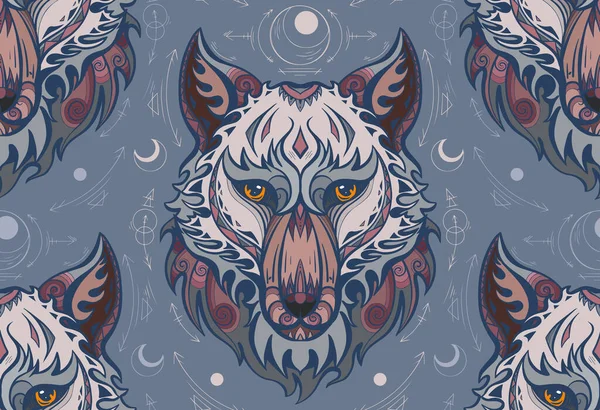 Cabezas Multicolores Lobos Con Decoración Boho Símbolos Sagrados Sobre Fondo — Vector de stock