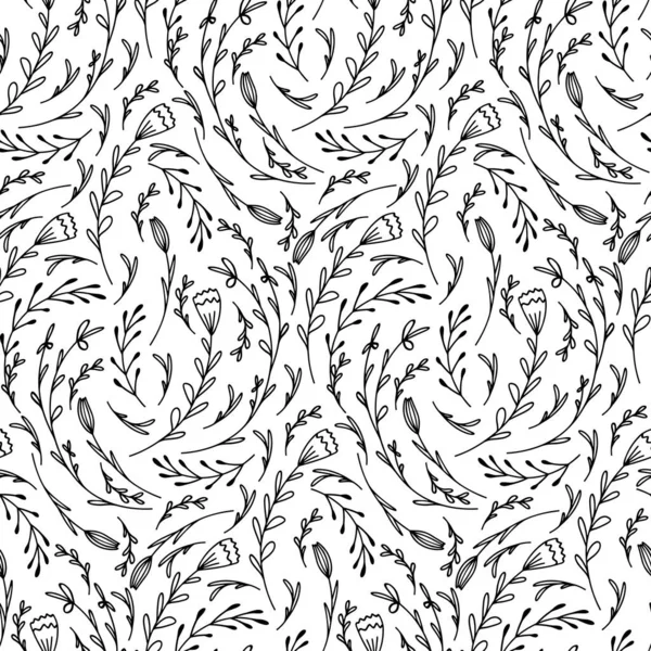 Seamless Pattern Curls Doodle Flowers Branches Natural Monochrome Texture Petals — Διανυσματικό Αρχείο