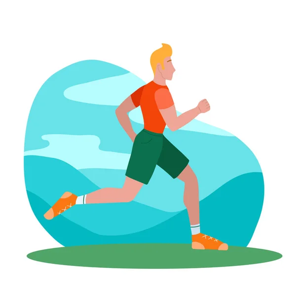公園でランニングマン ジョギングだ スポーツに関わる現代人 彼の健康を気にする選手 ベクトル平図 — ストックベクタ