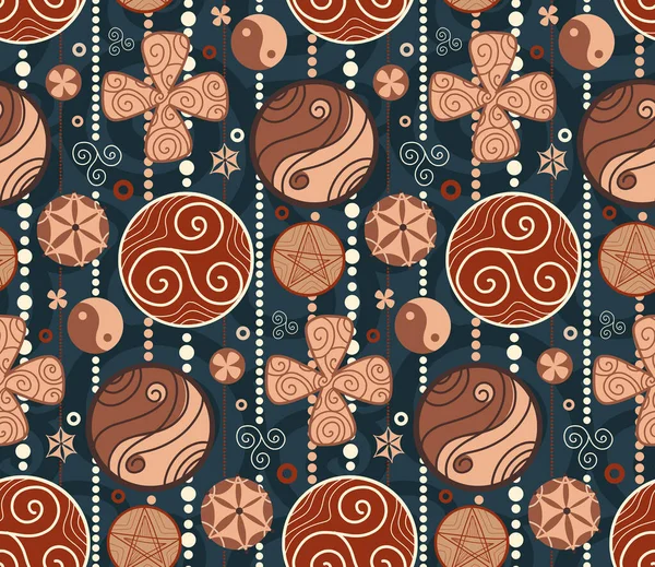Seamless Pattern Wooden Garland Amulets Curls Dark Blue Background Vector — Διανυσματικό Αρχείο