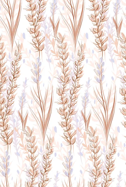 无缝图案 草本植物 草本植物 草场素描的自然背景 细腻的面料矢量纹理 有轮廓和轮廓分枝的壁纸 — 图库矢量图片