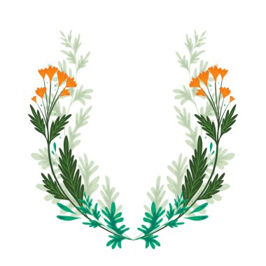 Doğal otlar ve tarlaların çiçekleriyle çerçevelenmiş. Pelinotu, düğün çiçeği ve yapraklı çelenk. Bitkilerin dalları. Davetler ve pankartlar için vektör şablonu