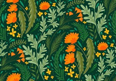 Otlar ve tarlaların çiçekleriyle kusursuz düz doğal desen. İçinde karahindiba, pelin otu, rezene ve düğün çiçeği olan duvar kağıdı. Bitkilerle kaplı kumaş. Steppe Flora ile vektör arkaplanı