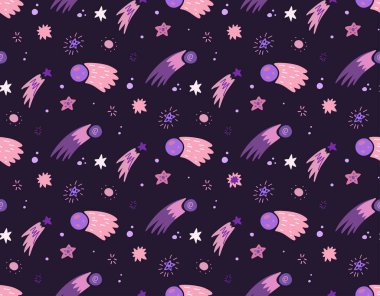 Yıldızlı, kuyruklu yıldızlı ve mor arkaplanlı asteroitli kusursuz çocuksu evren deseni. Evrenin mor ve pembe renkli vektör dokusu. El çizimi alanı olan vektör duvar kağıdı